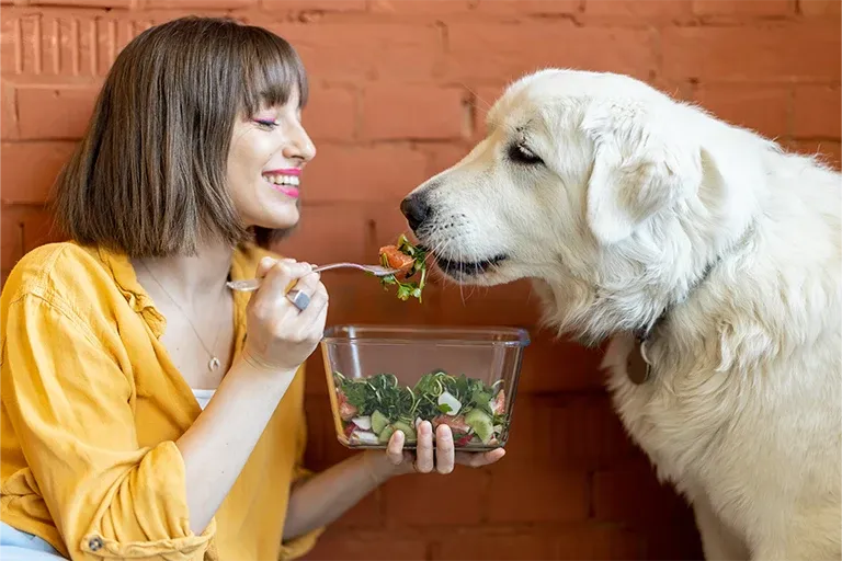 Woman sharing a bite of food with a fluffy white dog