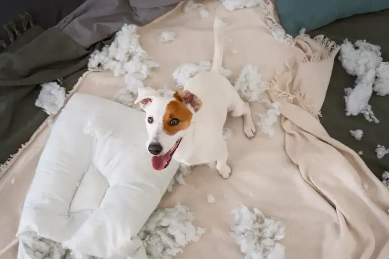 Jack Russell puppy surrounded by a shredded pillow